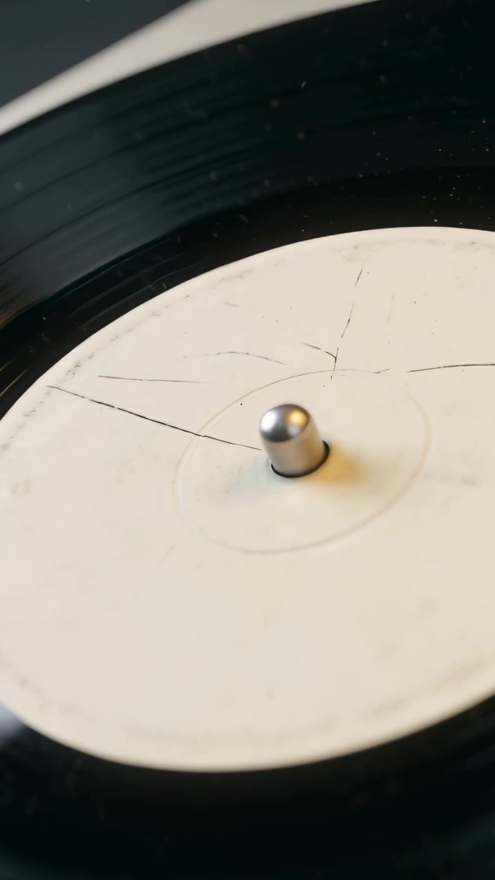 Video verticale: avvio del piatto, disco in vinile che gira sul deck, rivelando l'etichetta bianca e il perno