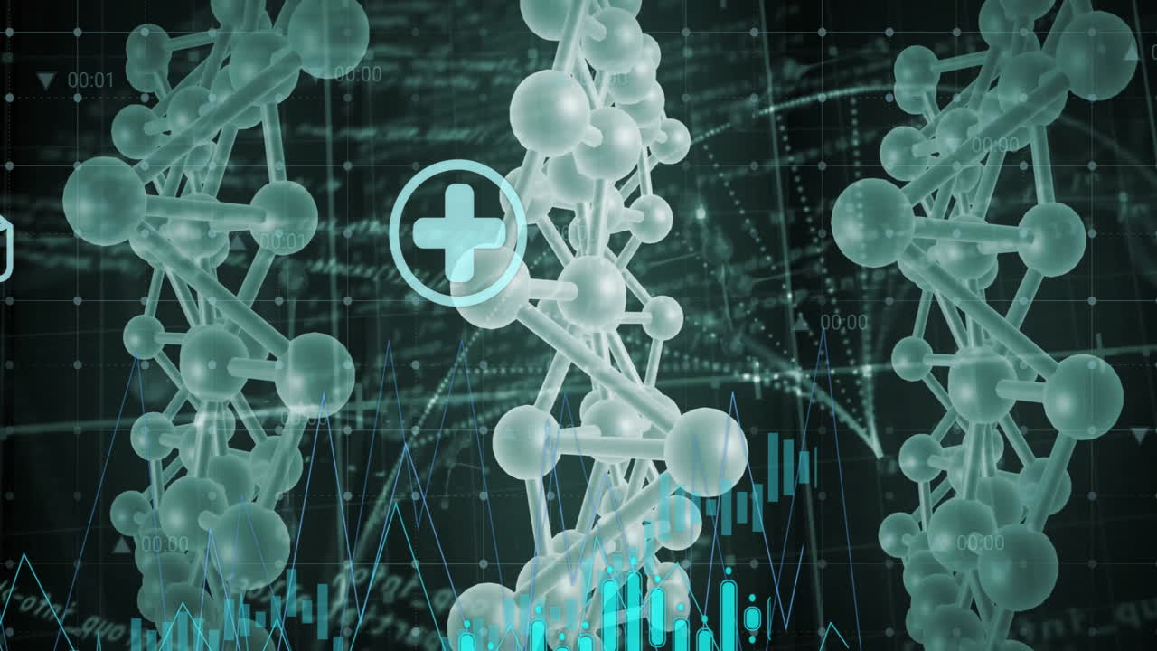 DNA strands and molecular structures with data processing animation