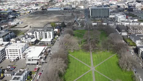 Aerial-over-Latimer-Square-and-Transitional-Cathedral-in-Christchurch-city,-New-Zealand