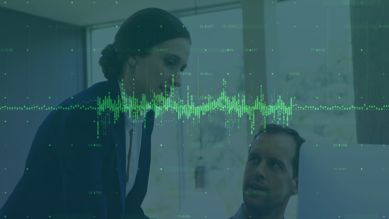 animación del procesamiento de datos financieros sobre personas de negocios en la oficina