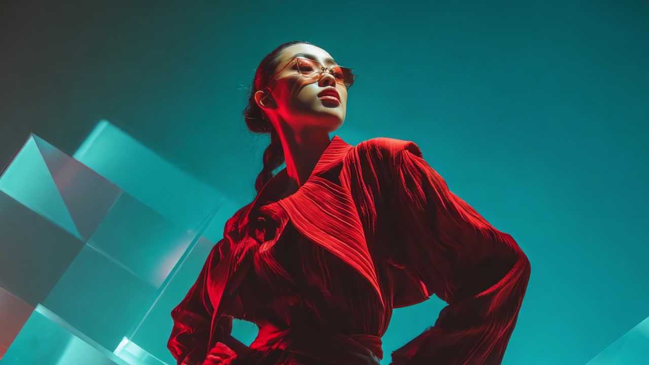 A stunning fashion-focused photoshoot showcases a confident model in an eye-catching red attire, elegantly posing against a captivating turquoise background, accentuated by geometric shapes that enhance the visual appeal