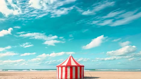 a red and white striped tent on a sandy beach