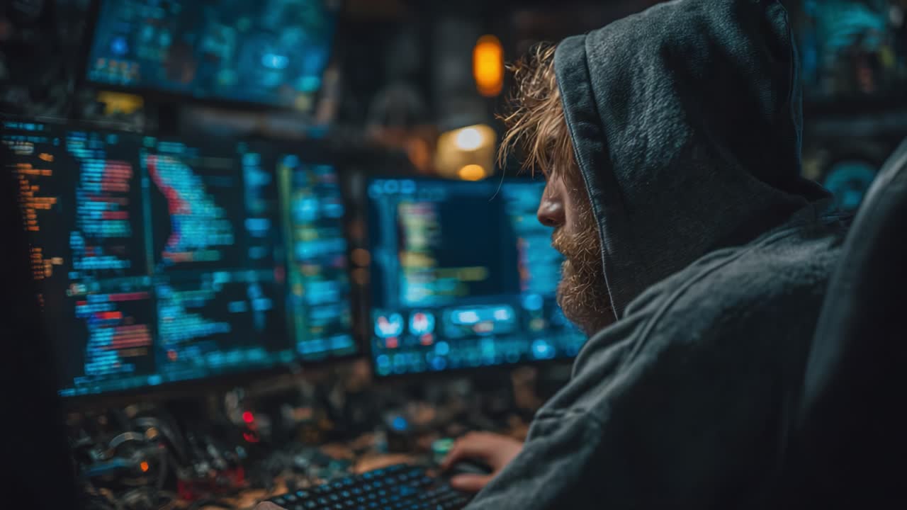 A dedicated programmer immersed in a digital world, working intently at a multi-screen setup, surrounded by glowing codes and intricate technology, showcasing the life of modern tech enthusiasts