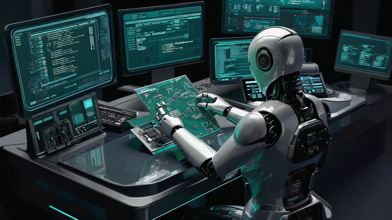 AI Robot Working with Circuit Board and Computers