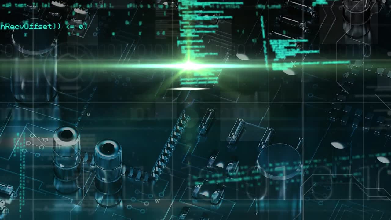 Animation of data processing over close up of computer elements and letters on blue background