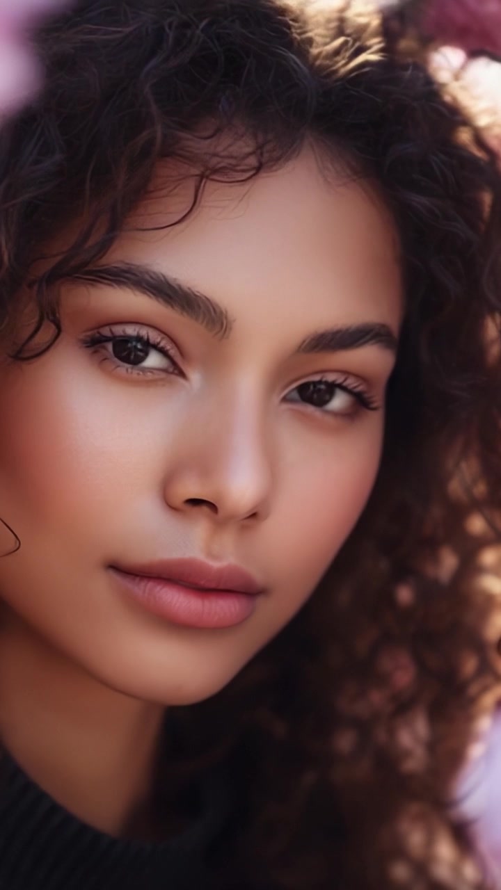 A captivating close-up of a young woman with curly hair and natural makeup, framed by soft floral elements, showcasing her radiant skin and engaging expression.
