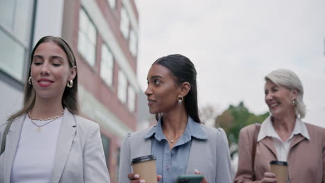 Business-women,-friends-and-street-with-coffee