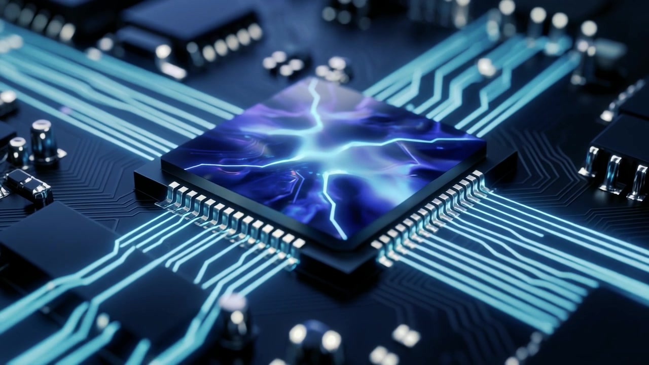Central Processing Unit-chip med glødende dataflow på et printkort