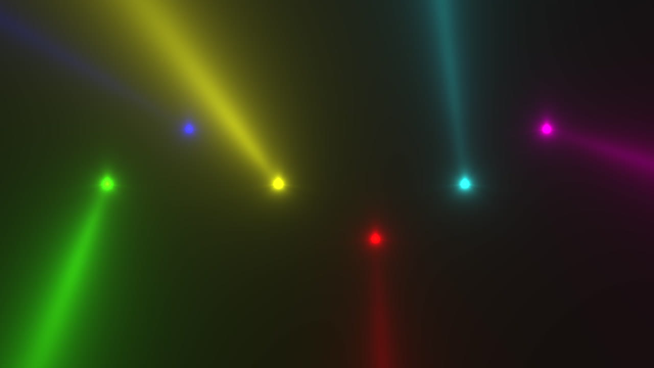 Animación de movimiento: haces de luz coloridos brillantes sobre fondo oscuro en escenario 1