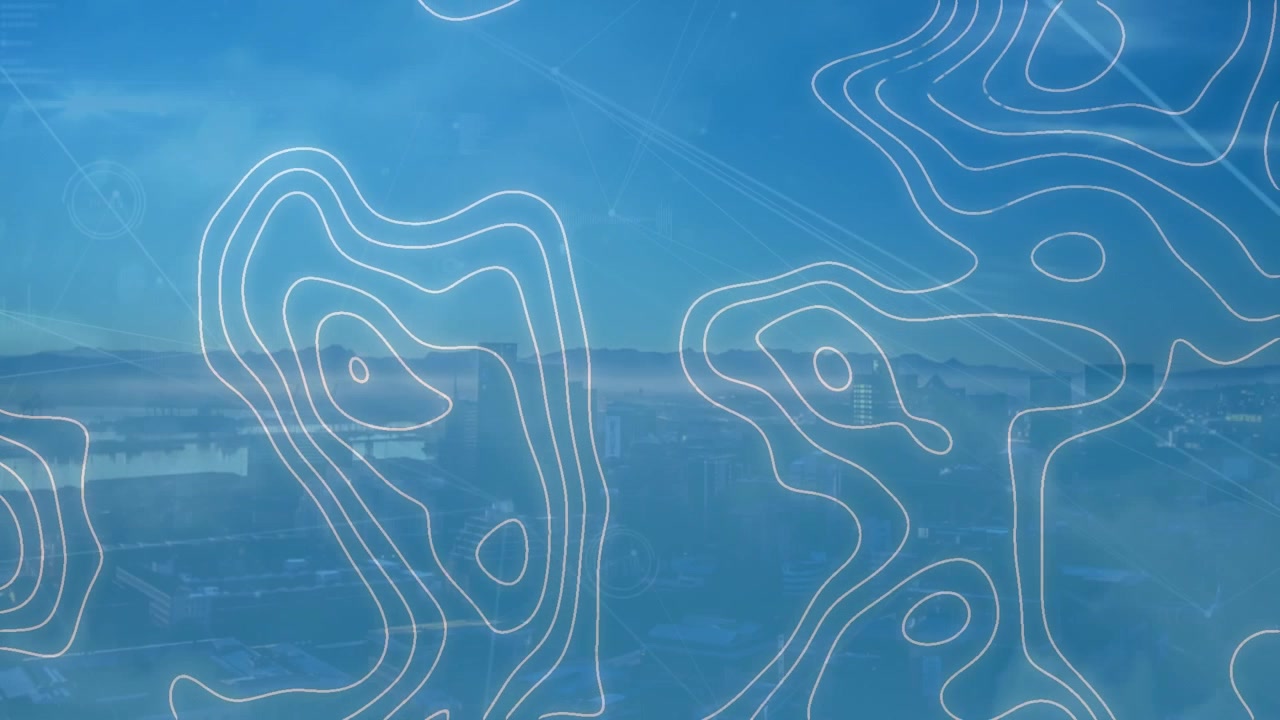Animation of network of connections and topography against landscape with mountains