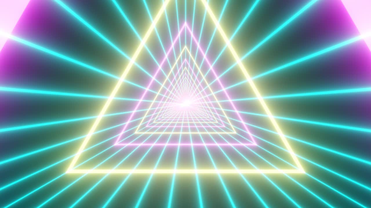 vapor wave triángulo de forma de túnel de brillo de neón líneas de cuadrícula retroestética - animación de fondo de movimiento de bucle vj sin costuras de 4k