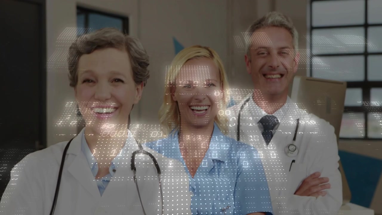 Medisinsk team poserer og smiler på klinikken mens et prikkeoverlegg ruller over ansiktene og viser data
