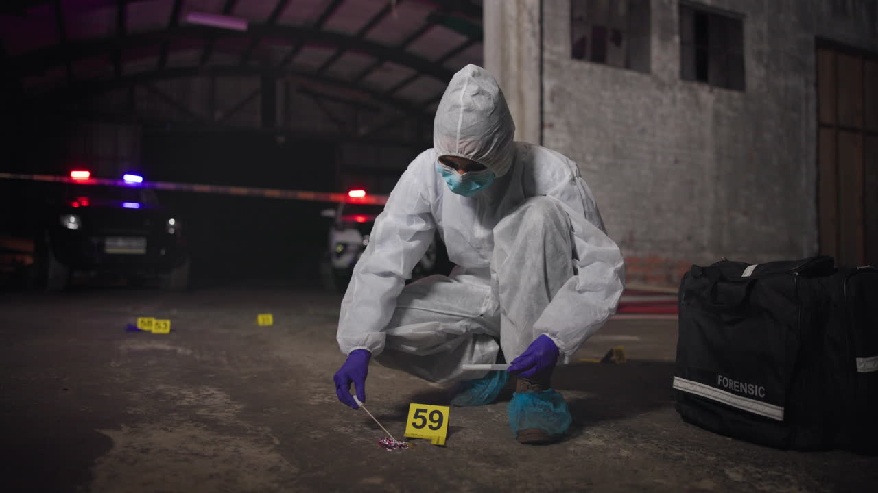 Forensic scientist examining evidence at a crime scene