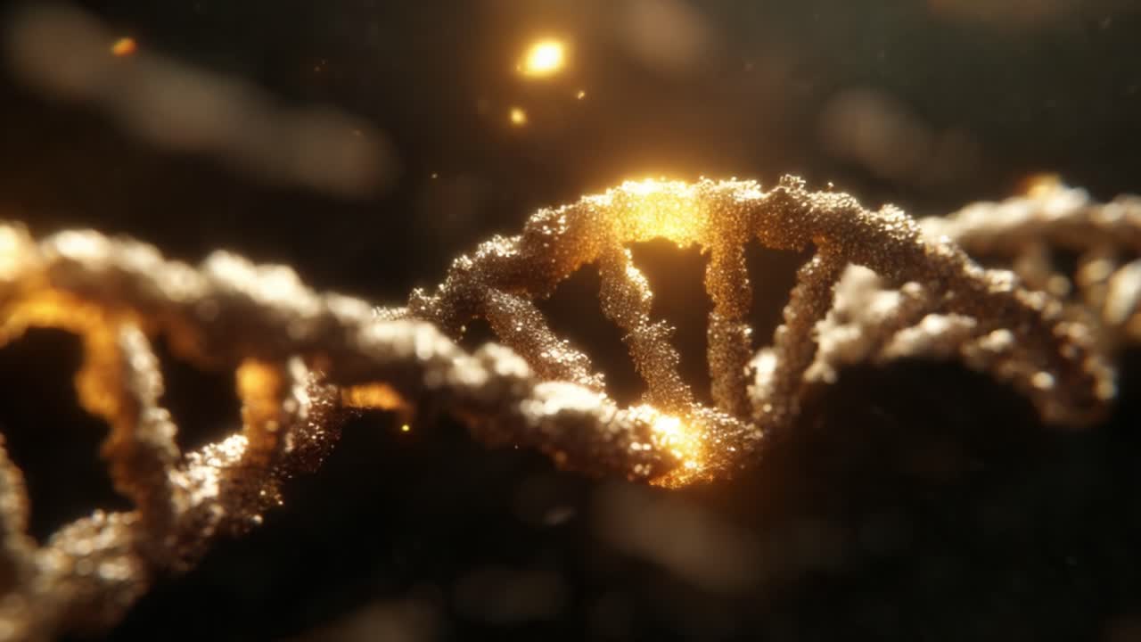 Una visualizzazione straordinaria di filamenti di DNA illuminati da particelle scintillanti, che cattura la bellezza della vita genetica in movimento e la sua complessità