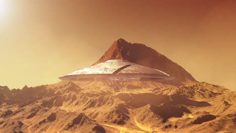 ufo saucer flying low over planet mars