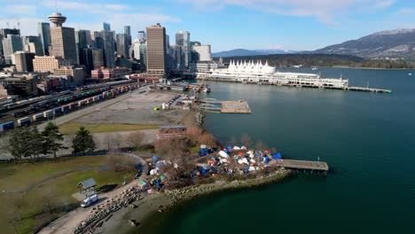 homeless encampment at the crab park near the downtown vancouver in canada