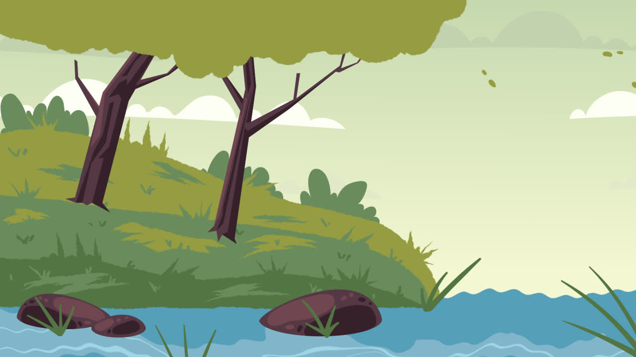 An animation of a Hand drawn flat design lake scenery