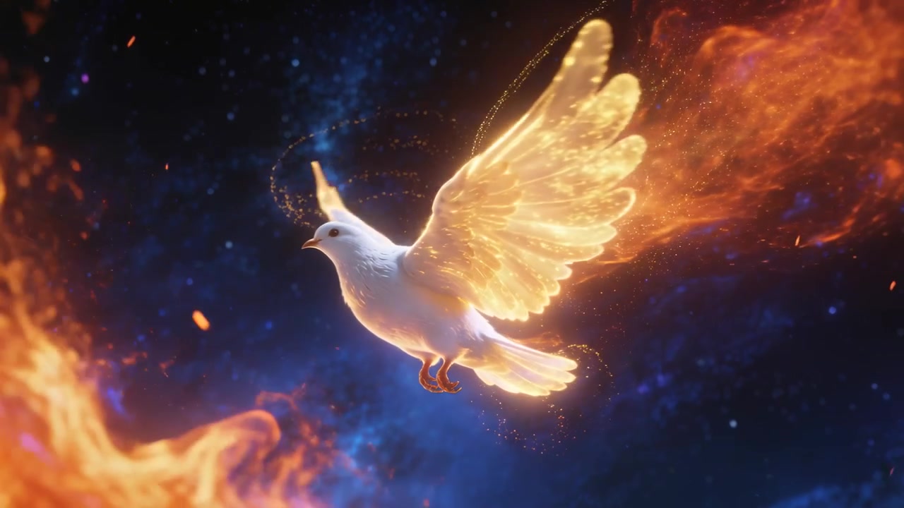 Una colomba bianca CGI che si libra con ali illuminate d'oro che si aprono in una nebulosa mentre le fiamme pulsano, emettendo scintille di brace