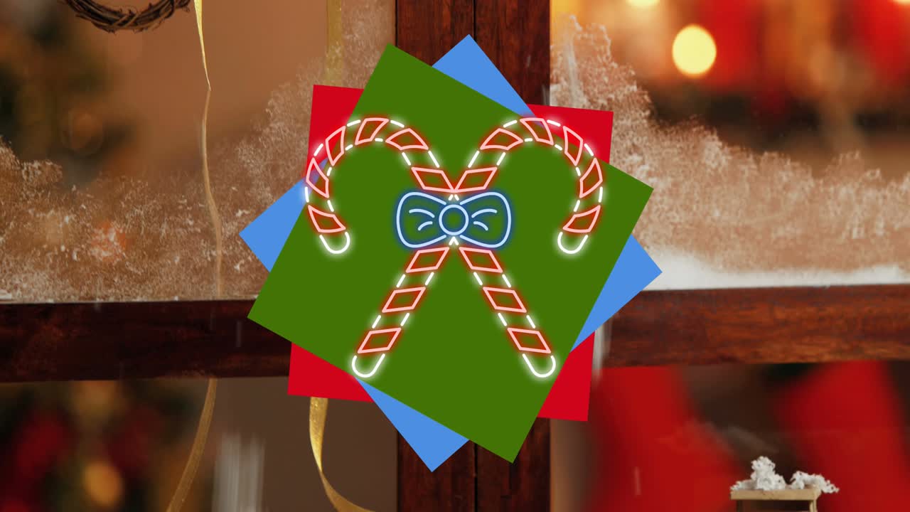 animación de neon canas de caramelo de navidad sobre la ventana