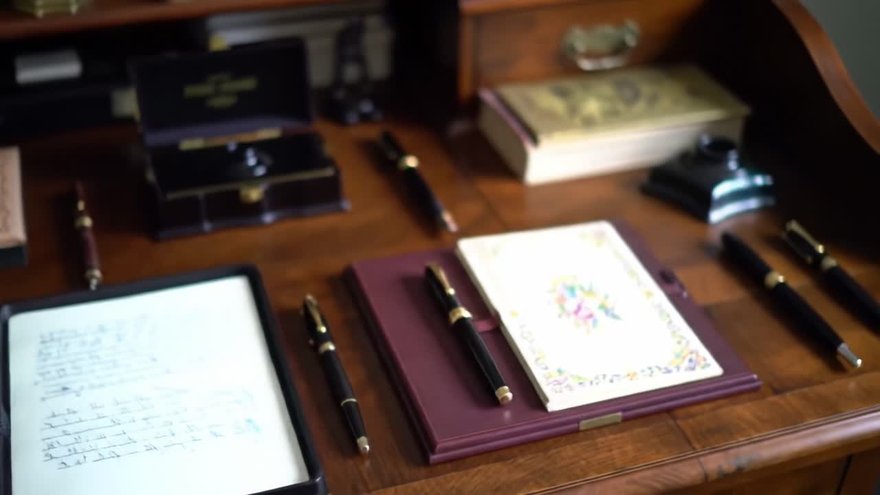 An Elegant Writing Desk Displaying Handwritten Notes, Exquisite Pens, and Luxurious Stationery Items, Emphasizing the Art of Traditional Letter Writing