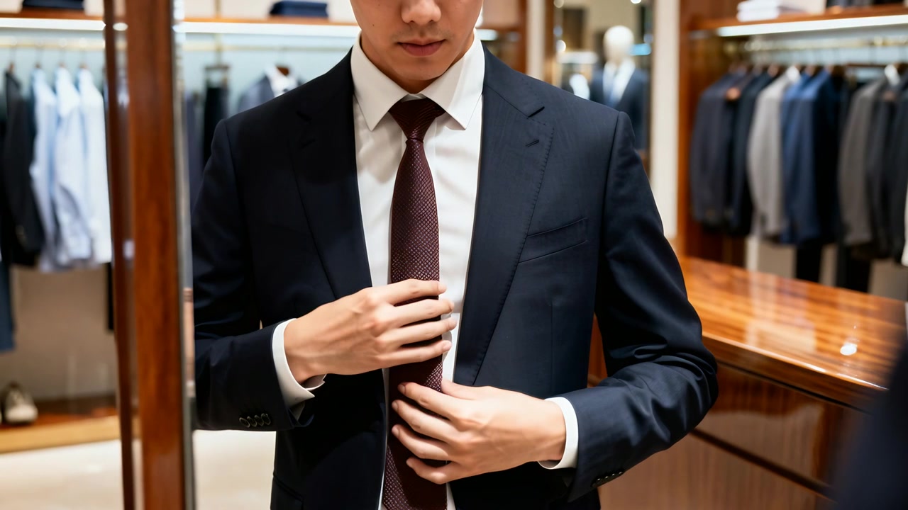Trying on suit, man tightening burgundy tie knot and straightening navy jacket at boutique mirror