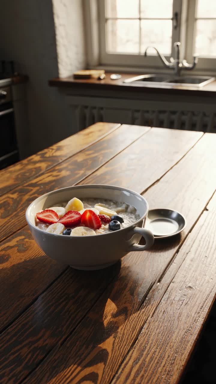 A cozy kitchen scene with a bowl of yogurt and fruit on a wooden table, captured in warm lighting