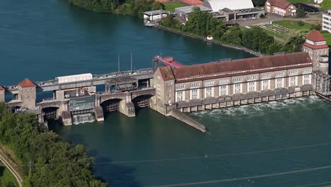 hydropower plant, renewable energy, waterflow, Rhine, Kraftwerk Klingnau, Switzerland, aerial top down video