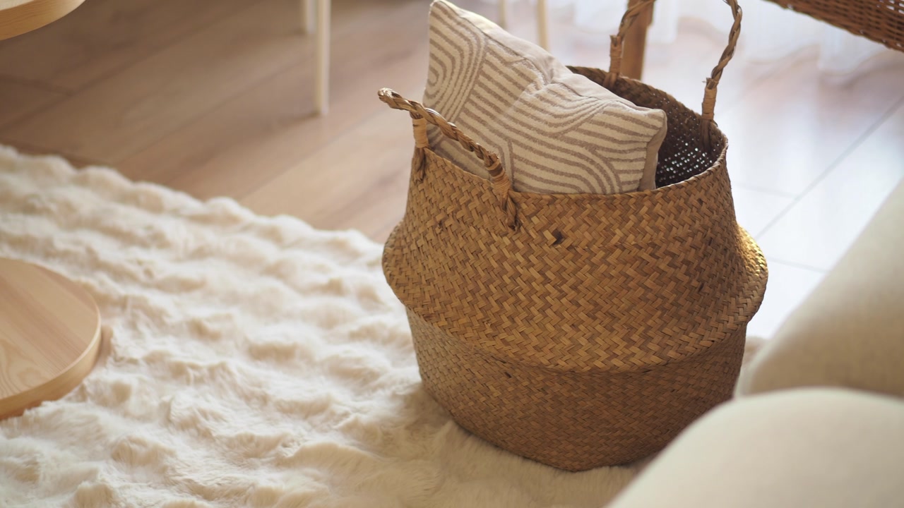 Cozy Living Room Interior with Woven Basket and Pillow on Fluffy Rug