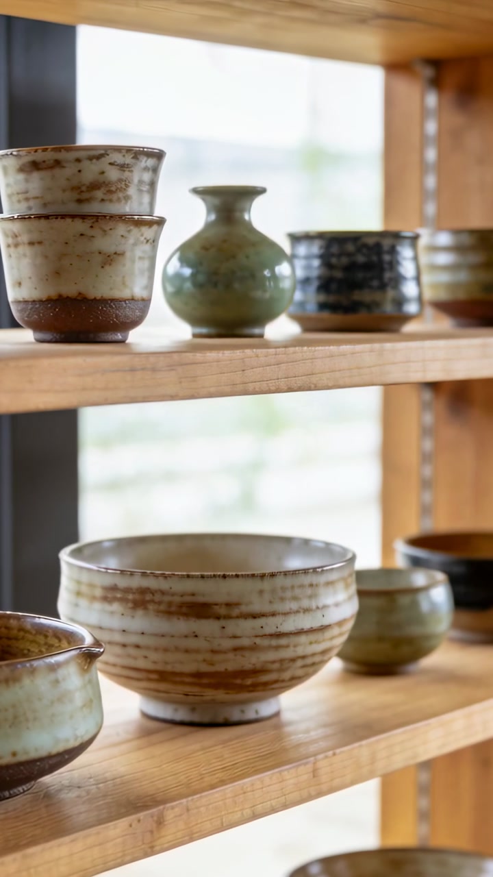 Vertical video: Panning camera zooming upward, highlighting striped bowl on wooden shelves
