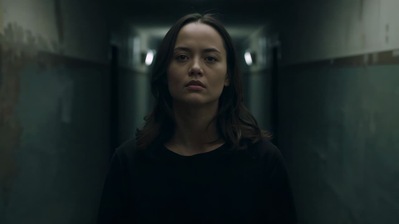Walking woman in black tee moving toward camera down long hall, fading into silhouette under lights