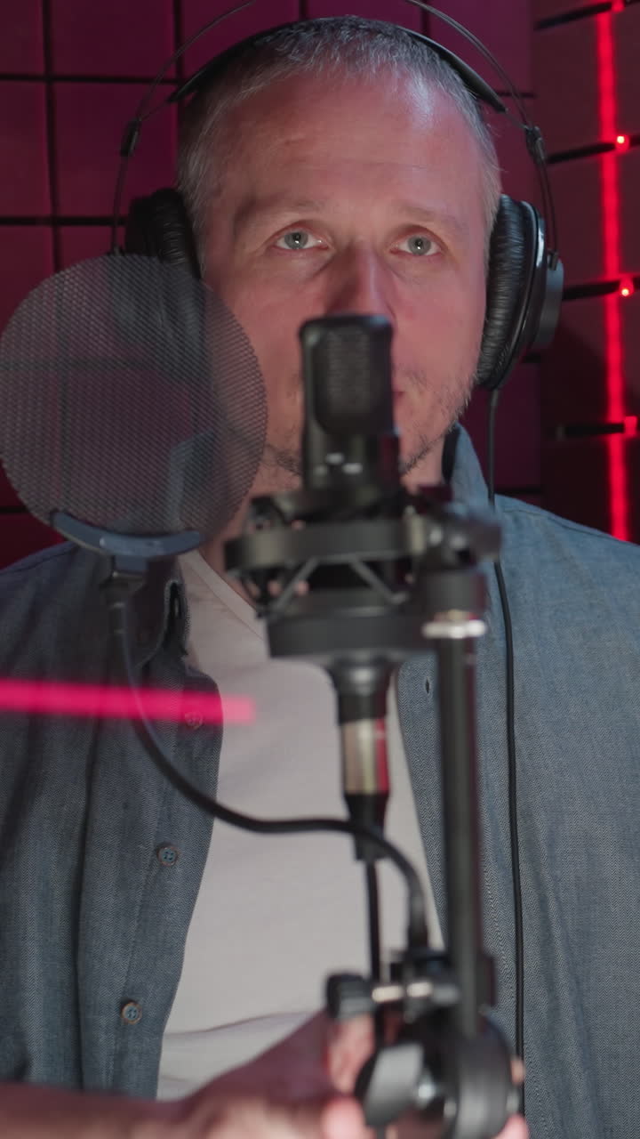 un hombre con una camisa azul y una camisa interior blanca está de pie en una habitación a prueba de sonido roja con auriculares, mientras otro hombre con una camiña negra y una gorra ajusta el micrófono delante de él