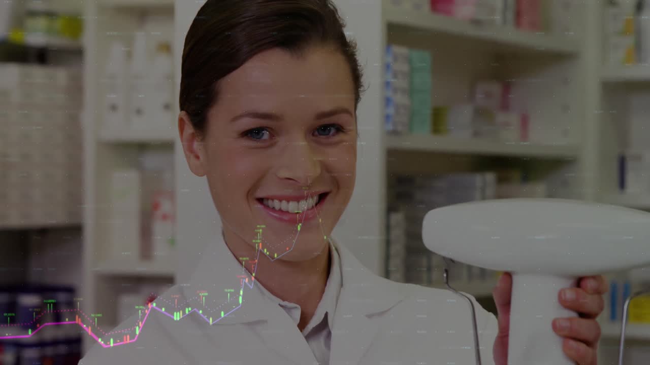 백인 여성 약사에 대한 금융 데이터 처리 애니메이션