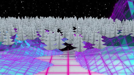 Animation of snow falling over christmas trees in winter scenery