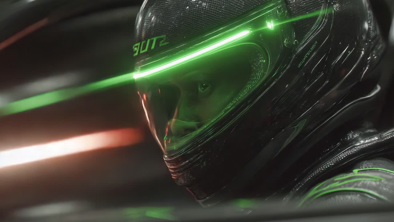 Intense Close-Up of a Racer in Futuristic Gear as He Prepares for a High-Speed Competition with Neon Accents Enhancing the Dramatic Atmosphere
