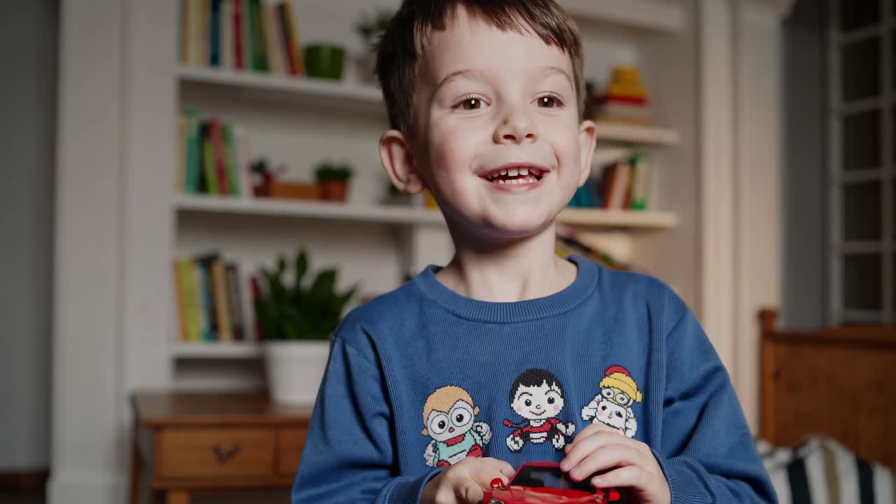 Smiling preschooler plays with a small red toy car in his bedroom, enjoying his playtime in a cozy home environment filled with books and plants