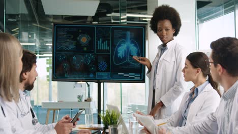 multiethnic doctors team discussing covid lung disease while they observing digital display screen in hospital office