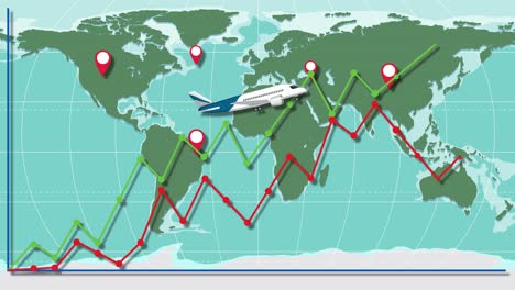 animation shows airplanes flying over a world map with fluctuating line graphs, highlighting global economic dynamics and travel connections