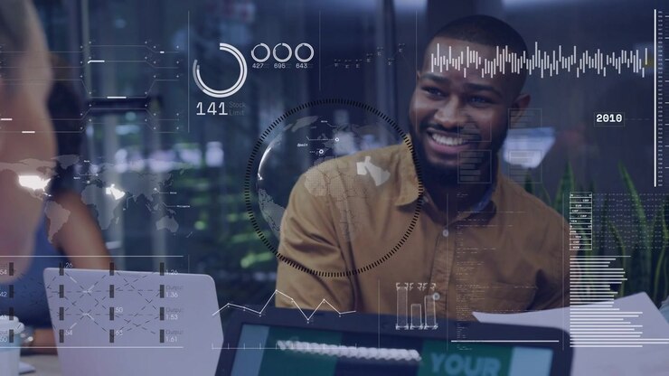 Woman glancing laptop and initiating HUD overlaying table as man sharing sales data in meeting