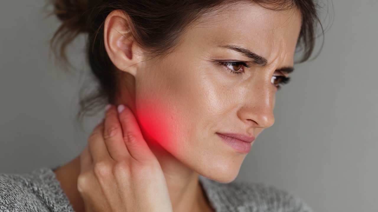 Donna che Prova Dolore al Collo: Uno Sguardo più Attento al Disagio e alle Sensazioni nella Zona Cervicale Superiore Evidenziati da un'Illuminazione Rossa.