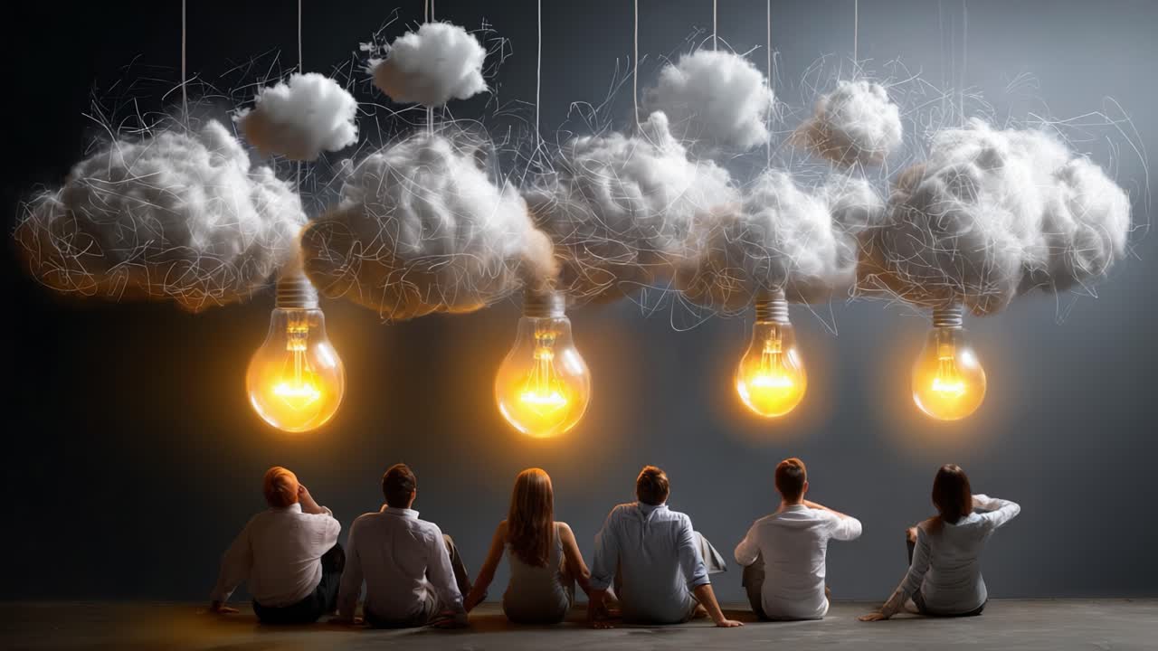 A Group of People Contemplating the Connections Between Ideas and Creativity with Light Bulbs and Clouds Representing Thought Processes and Inspiration in a Unique Conceptual Setting