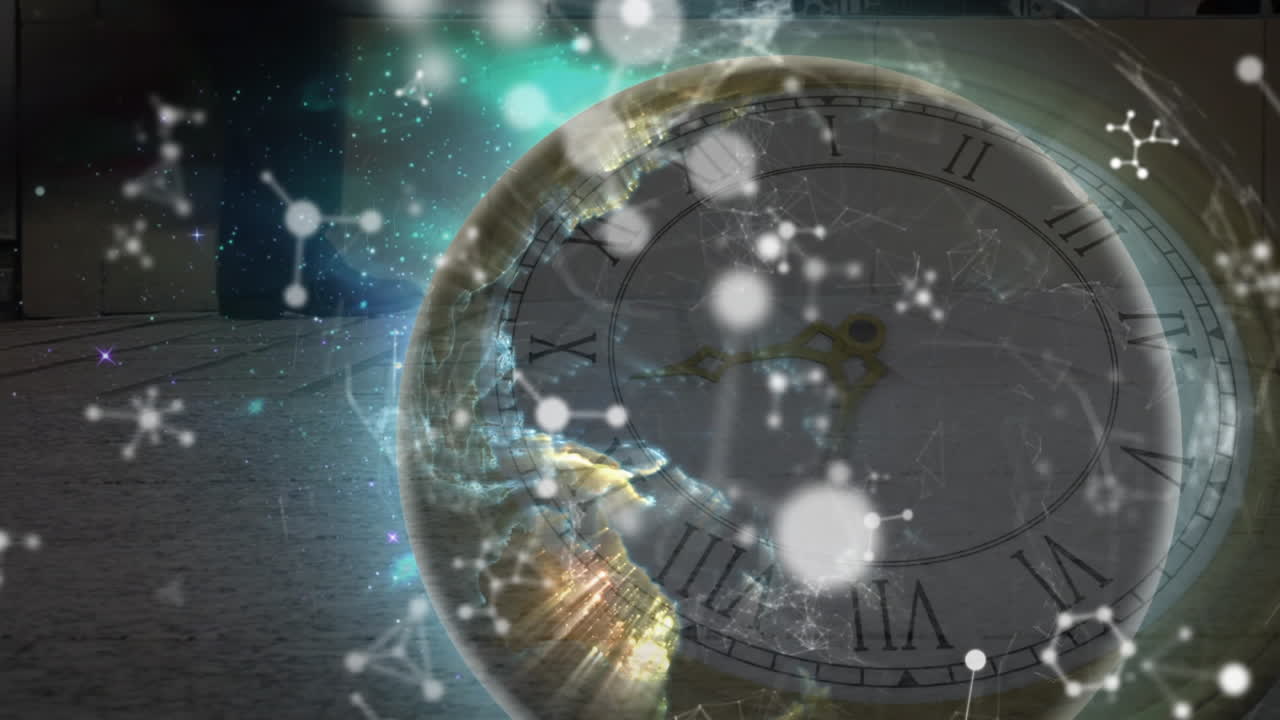 거리에서  ⁇ 는 사람들 위에 분자, 지구와 움직이는 시계의 애니메이션