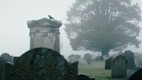 a mysterious foggy cemetery scene where a raven perches on a gravestone, surrounded by weathered tombstones and the eerie silence of the graveyard