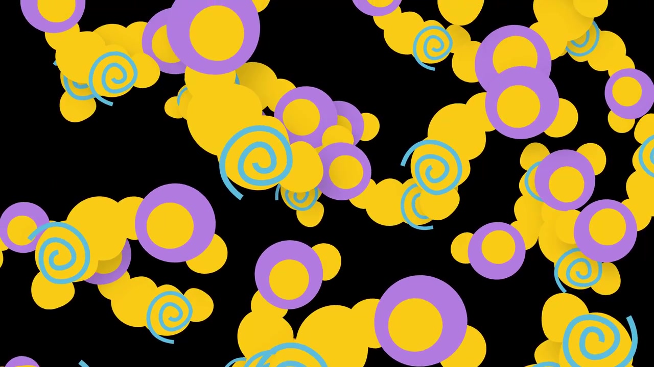 Vibrant yellow, purple, and blue circles and spirals fall through a dark void.