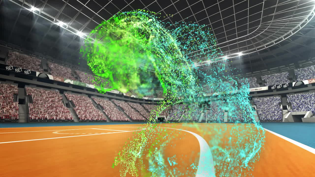 In school, animation of colorful digital particles forming abstract shapes in stadium