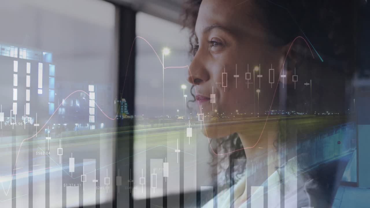 Animation of interface showing data and statistics with businesswoman smiling in office