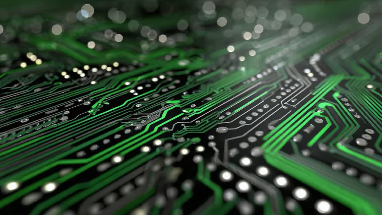 Detailed Close-Up of a High-Tech Circuit Board with Green and Black Color Scheme, Showcasing Intricate Connections and Electronic Components in a Modern Design