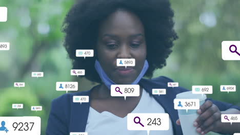 animation of media notifications over happy african american woman with mask drinking coffee