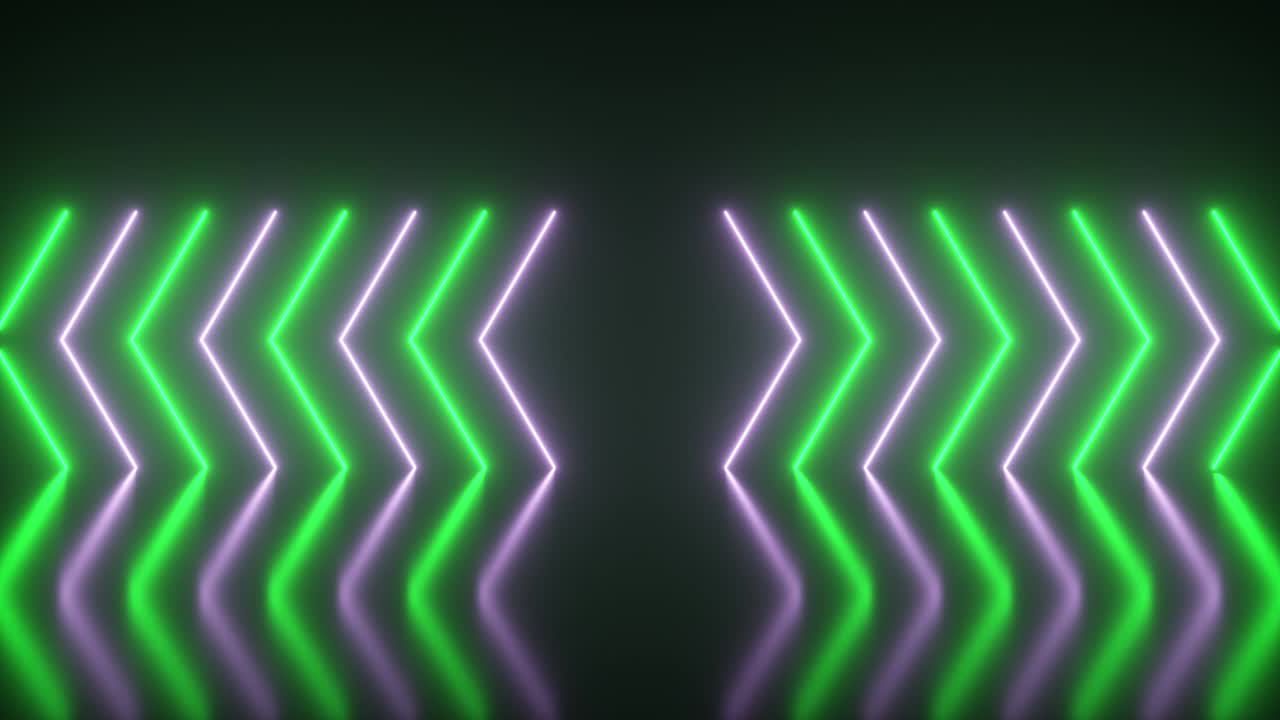 las flechas de neón brillantes que parpadean se encienden y se apagan indicando la dirección en el piso reflectante. fondo abstracto, espectáculo láser. espectro de luz verde de neón ultravioleta. bucle sin costuras 3d render