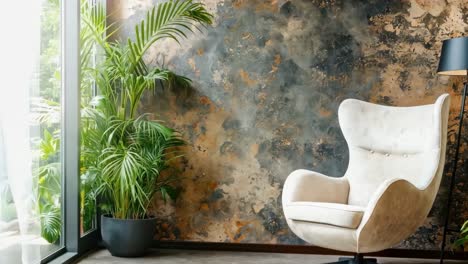 a white chair sitting in front of a wall with a plant in a pot