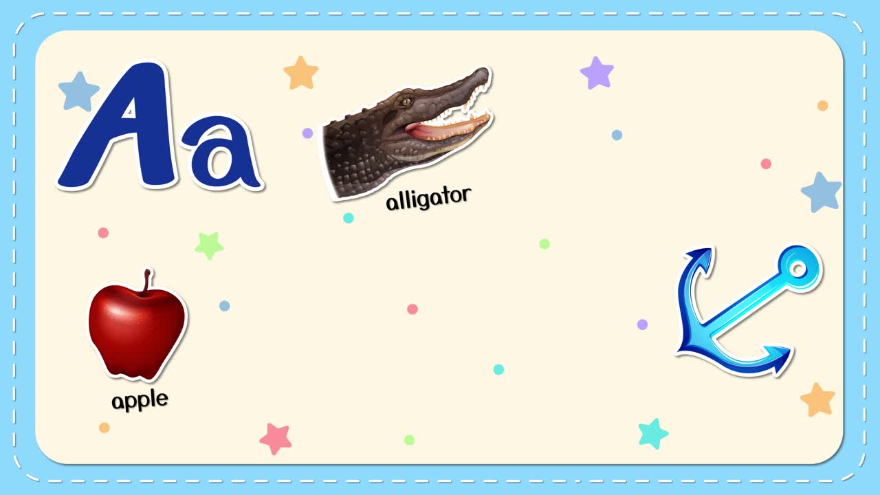 Una flashcard animata mostra la lettera A con illustrazioni di alligatore, mela, ancora, astronauta, formica e aeroplano.